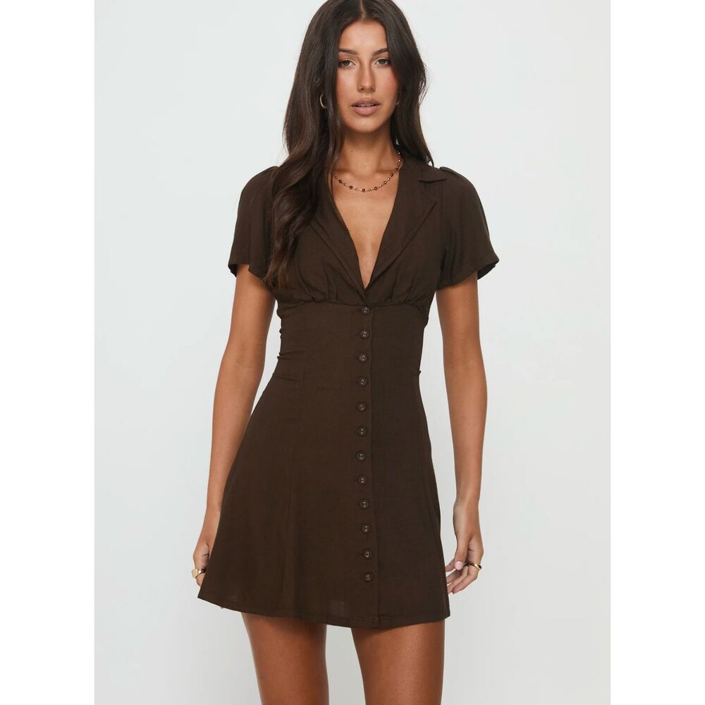 Princess Polly Pique Button Down Mini Dress Brown NWT - Picture 2 of 12